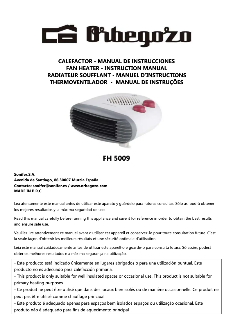 Page n°1 - Manuel utilisateur Orbegozo FH 5009