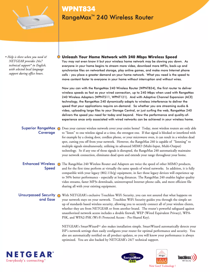 Page 1 de la notice Fiche technique Netgear RangeMax WPNT834