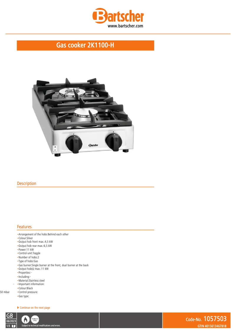 Page n°1 - Fiche technique Bartscher K1100