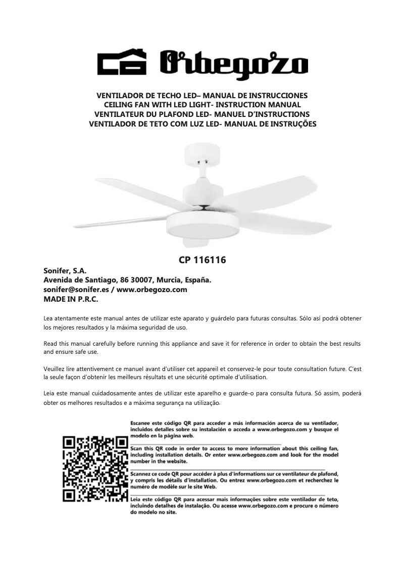 Page n°1 - Manuel utilisateur Orbegozo CP 116116