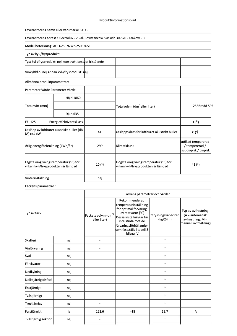 Page 1 de la notice Fiche technique AEG AGE625F7NW