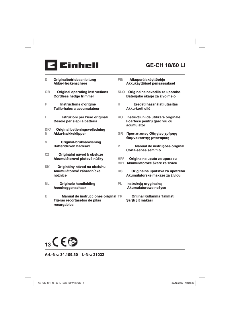 Page n°1 - Manuel utilisateur Einhell GE-CH 18/60 Li