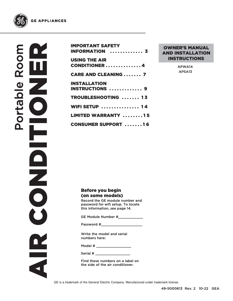 Page 1 de la notice Guide d'installation GE APSA13YBMW