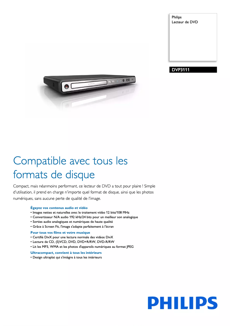 Page 1 de la notice Fiche technique Philips DVP3111