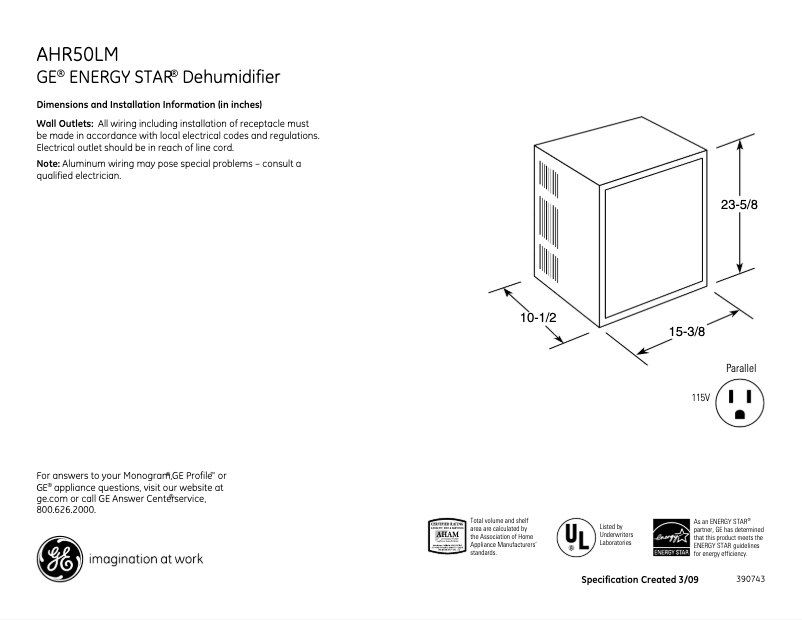 Page 1 de la notice Fiche technique GE AHR50LM