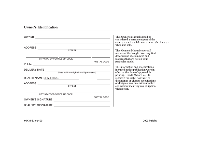 Page 1 de la notice Manuel utilisateur Honda Insight (2003)