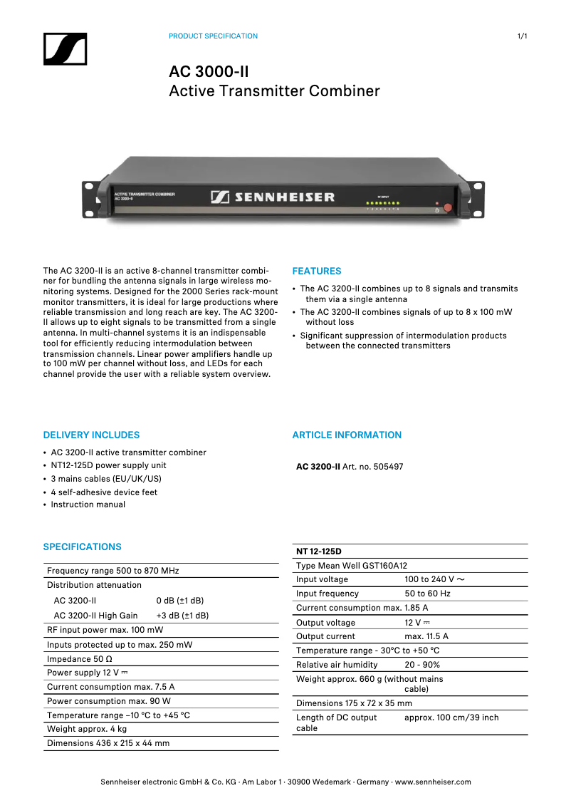 Page 1 de la notice Fiche technique Sennheiser AC 3200-II
