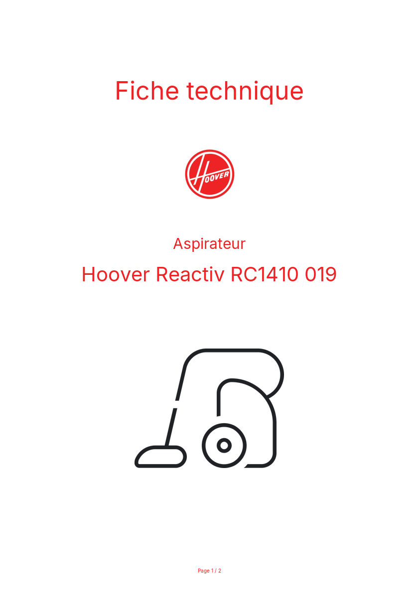 Page n°1 - Fiche technique Hoover Reactiv RC1410 019
