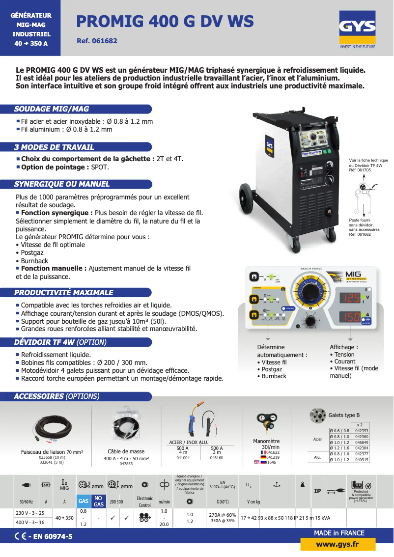 Page 1 de la notice Fiche technique GYS Promig 400 G DV WS
