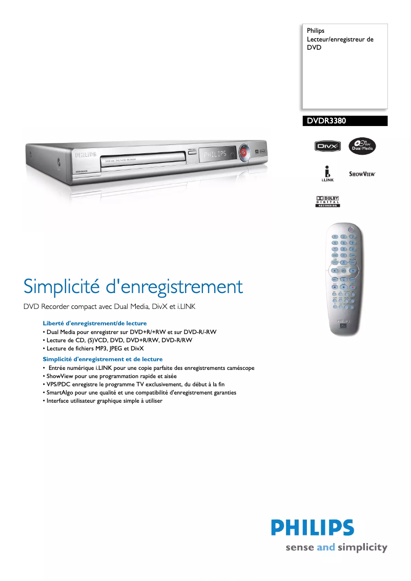 Página 1 del manual Ficha técnica Philips DVDR3380