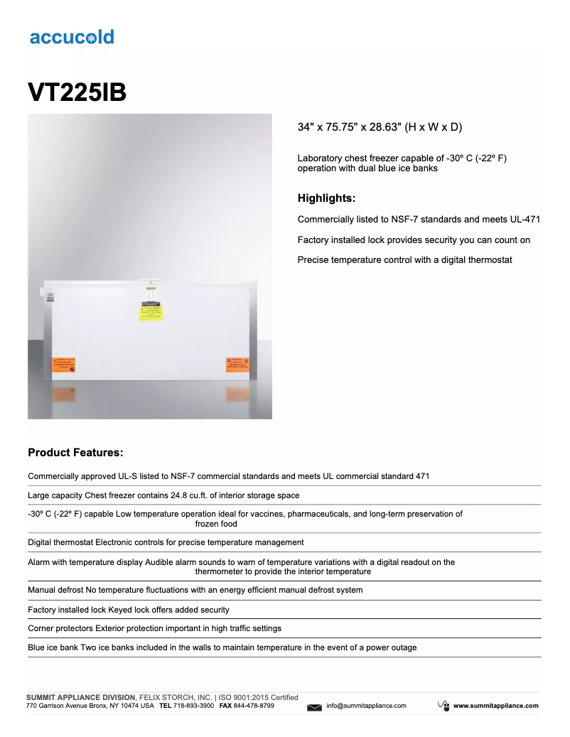 Image de la première page du manuel de l'appareil Accucold VT225IB