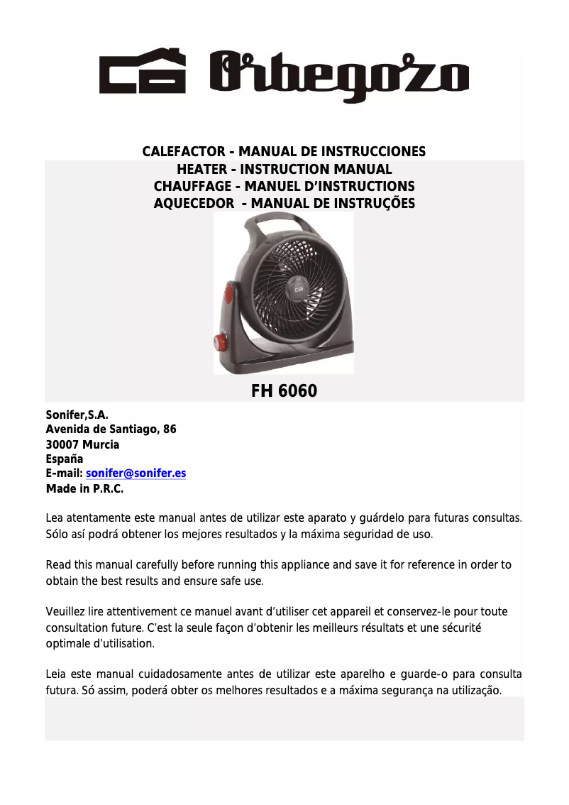 Page 1 de la notice Manuel utilisateur Orbegozo FH 6060