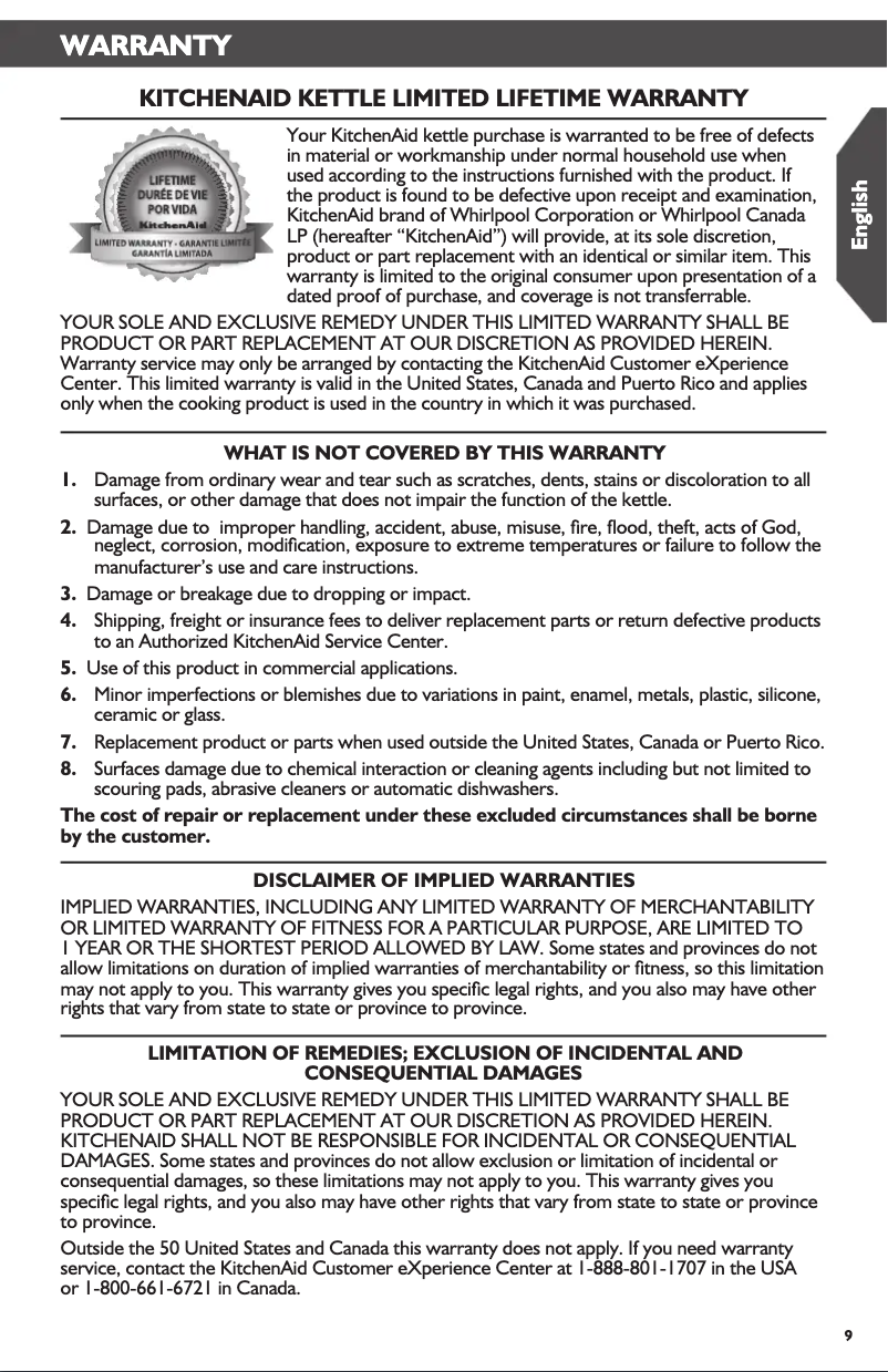 Page 1 de la notice Informations de garantie KitchenAid KTEN20CB