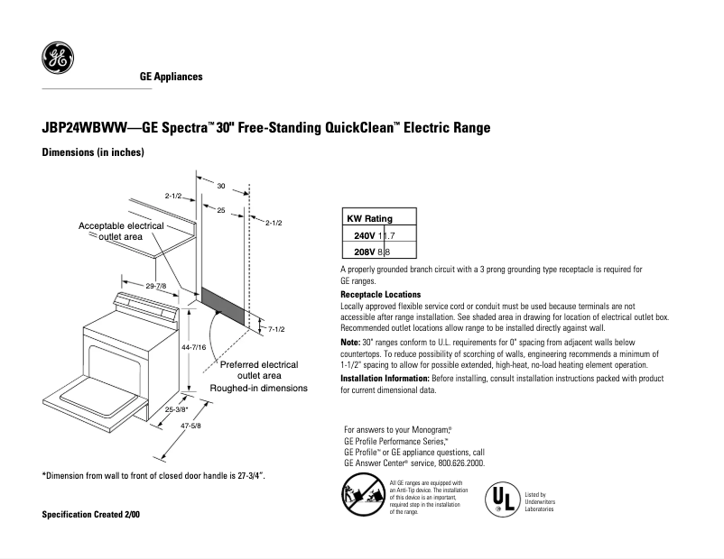 Página 1 del manual Ficha técnica GE Spectra JBP24WBWW