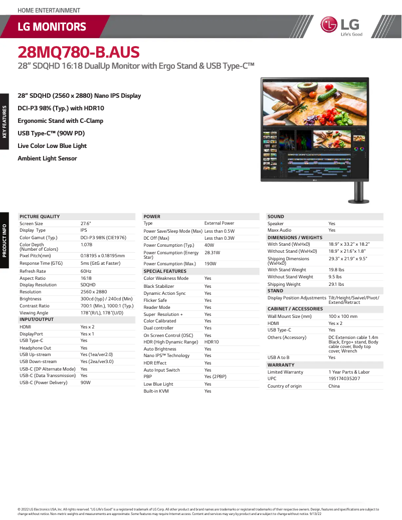 Page 1 de la notice Fiche technique LG DualUp Ergo 28MQ780