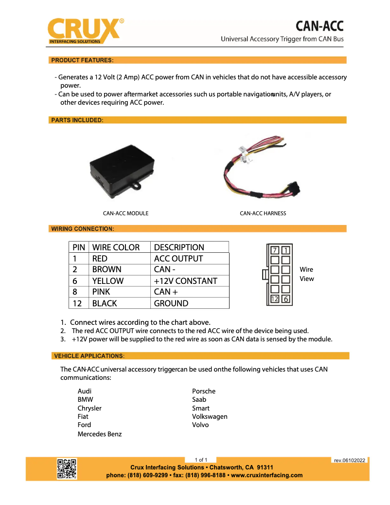 Page 1 de la notice Manuel utilisateur CRUX CAN-ACC