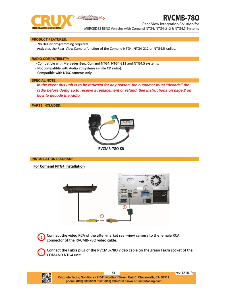 Page 1 de la notice Manuel utilisateur CRUX RVCMB-78O