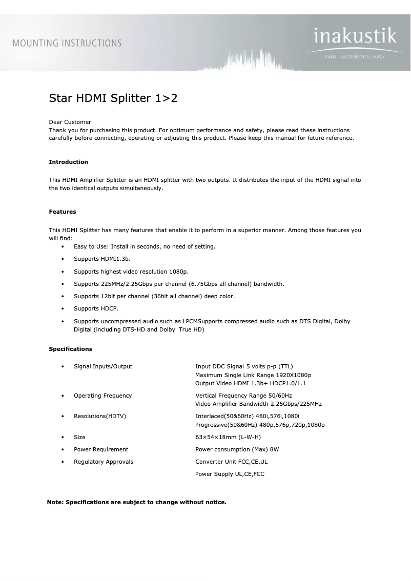 Page n°1 - Manuel utilisateur Inakustik 3247012