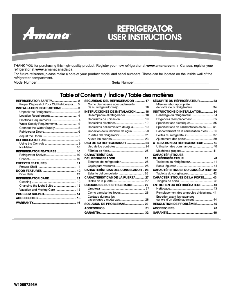 Page n°1 - Manuel d'utilisation et d'entretien Amana ART106TFD