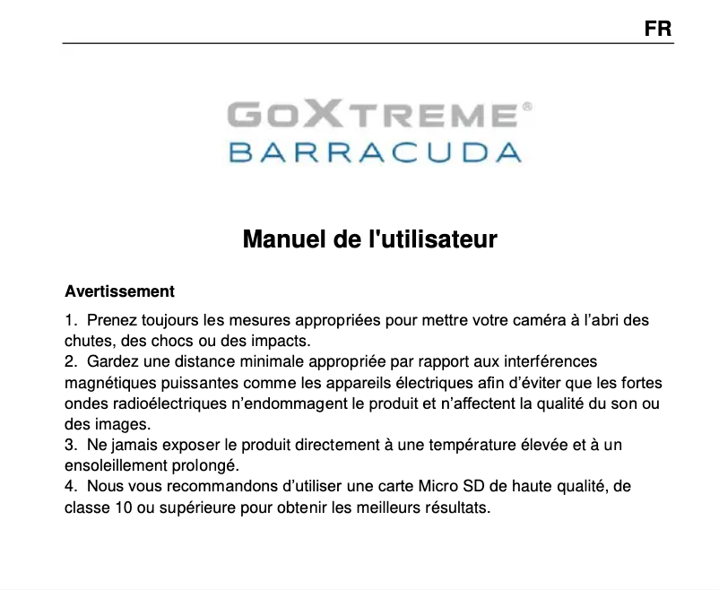 Page 1 de la notice Manuel utilisateur GoXtreme Barracuda 4K