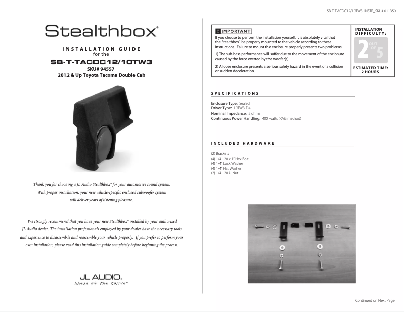 Page 1 de la notice Manuel utilisateur JL Audio Stealthbox SB-T-TACDC12/10TW3