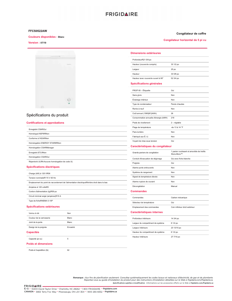 Page n°1 - Fiche technique Frigidaire FFCS0522AW