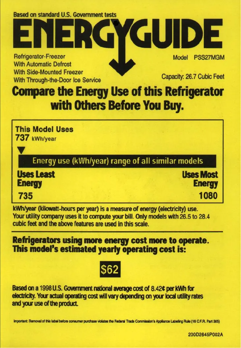 Page 1 de la notice Label énergétique GE Profile Arctica PSS27MGMWW