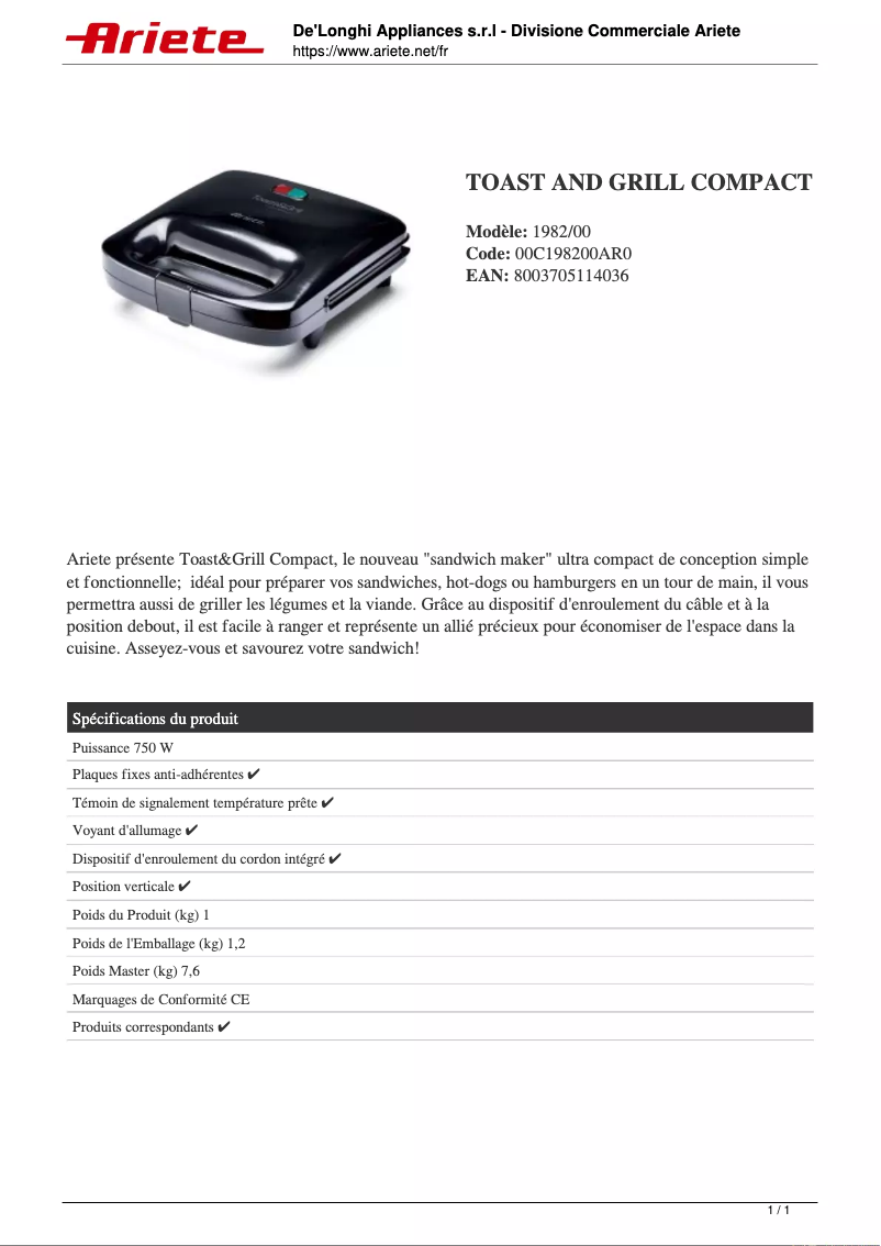 Page 1 de la notice Fiche technique Ariete Toast & Grill Compact 1982