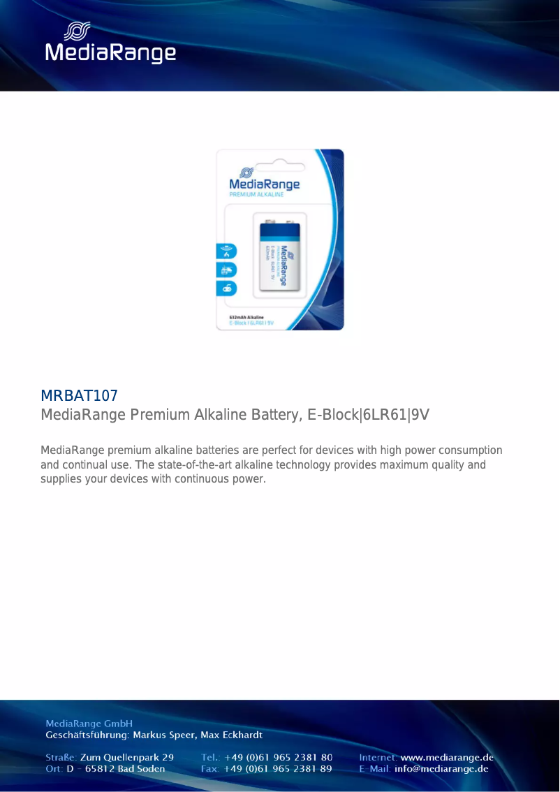 Page 1 de la notice Manuel utilisateur MediaRange MRBAT107 6LR61 9Volt