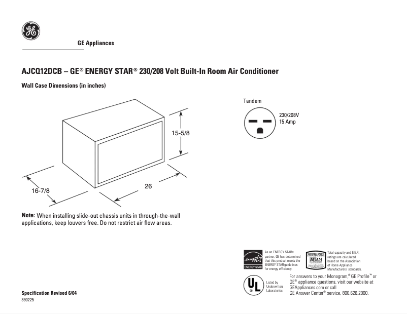 Page 1 de la notice Fiche technique GE AJCQ12DCB