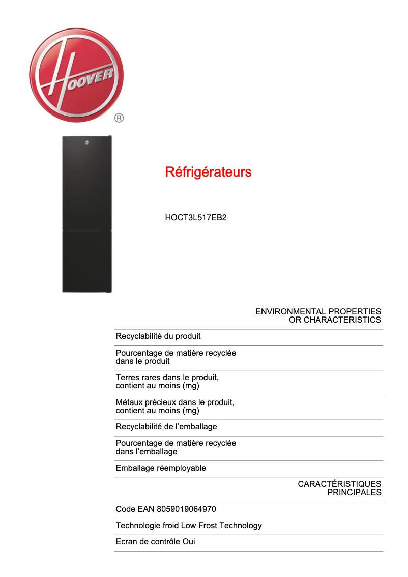 Page 1 de la notice Fiche technique Hoover HOCT3L517EB2