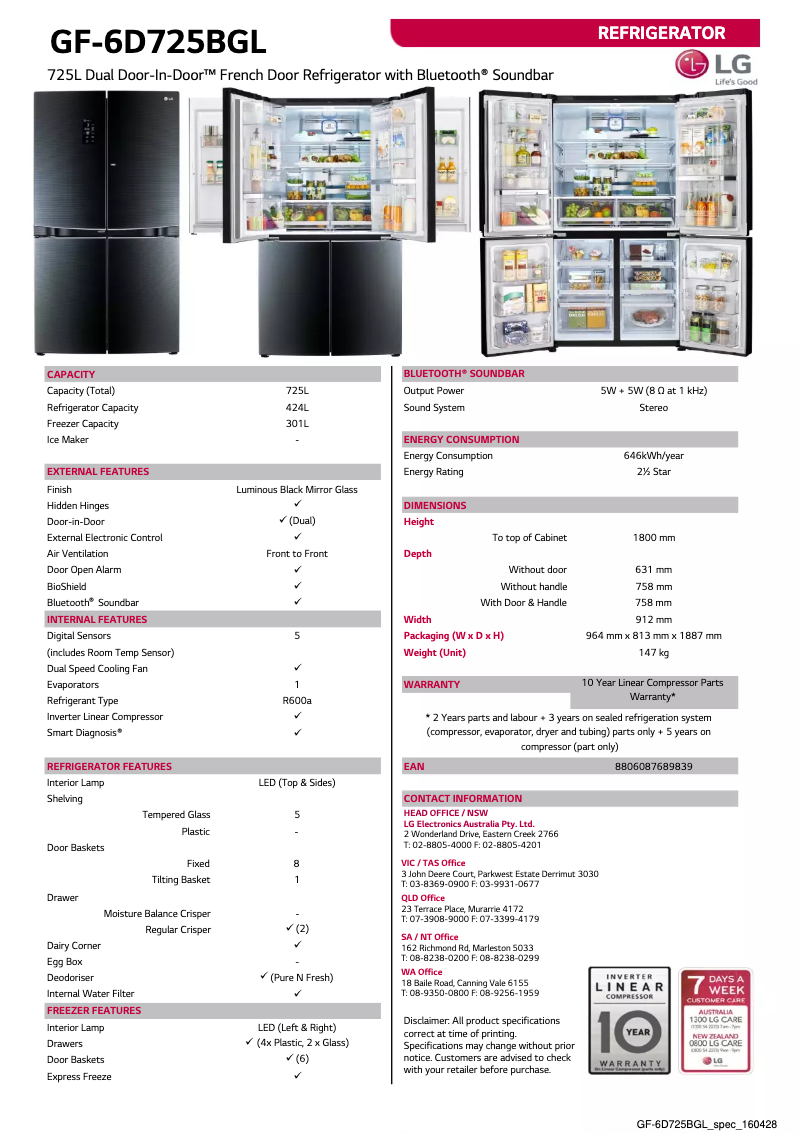 Page 1 de la notice Fiche technique LG GF-6D725BGL