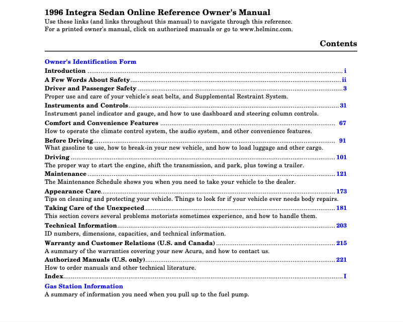 Page 1 de la notice Manuel utilisateur Acura Integra (1996)