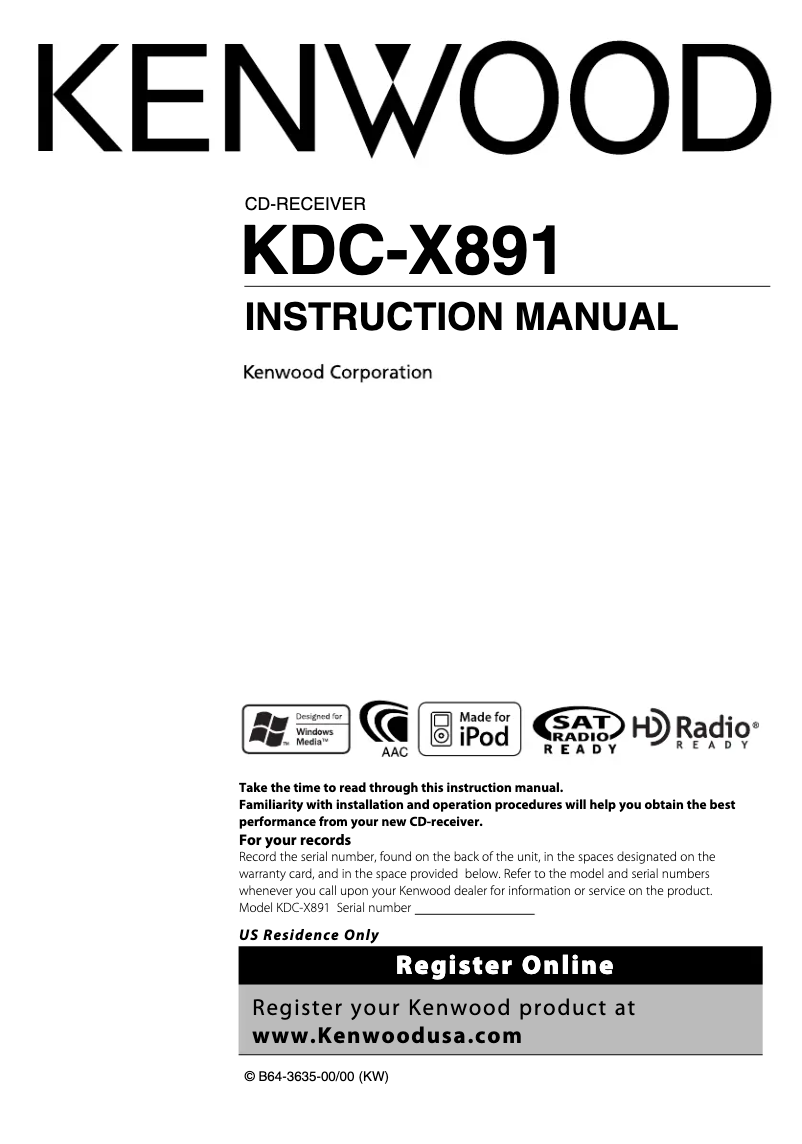 Page n°1 - Manuel utilisateur Kenwood KDC-X891