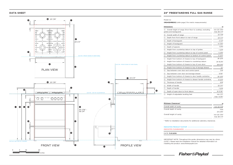 Page 1 de la notice Fiche technique Fisher & Paykel OR24SDMBGX2