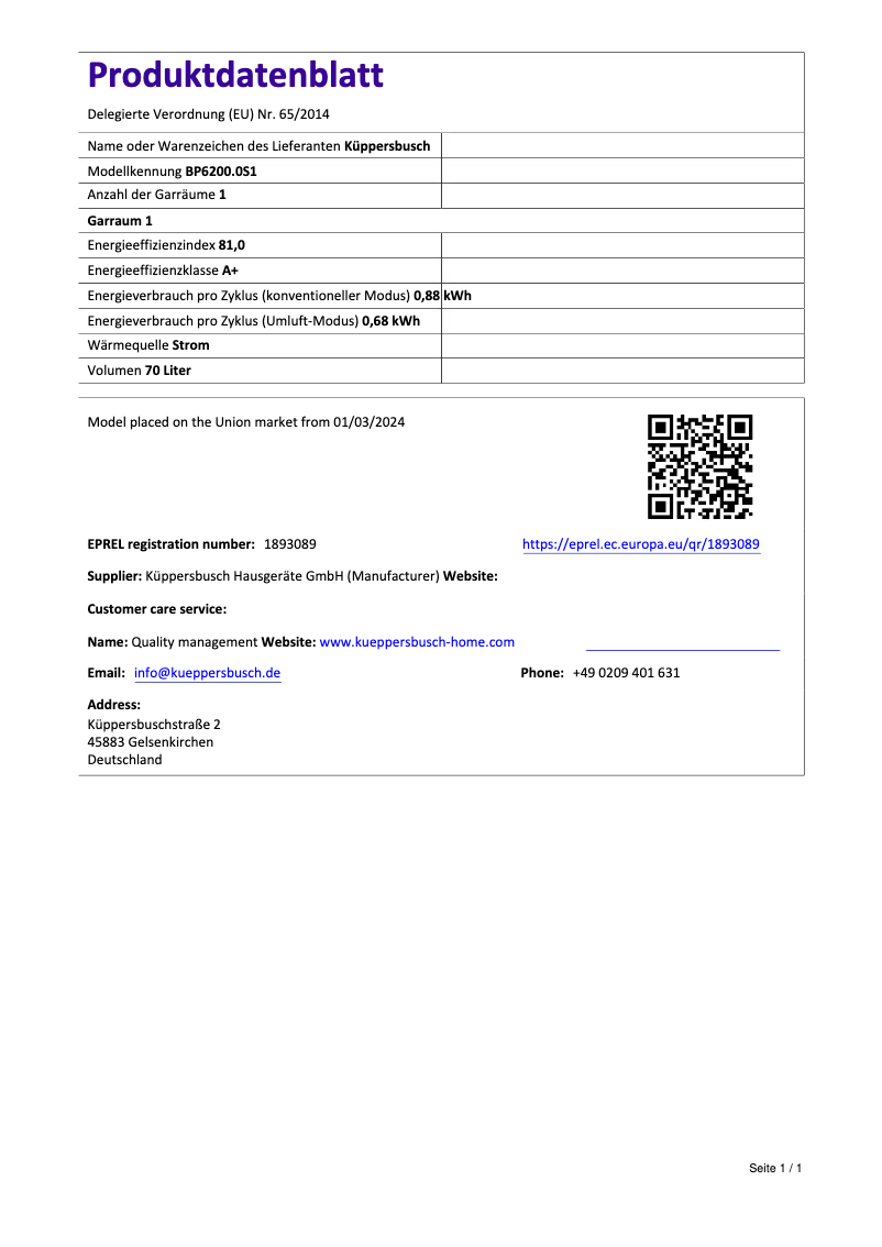 Page 1 de la notice Label énergétique Küppersbusch BP6200.0S1