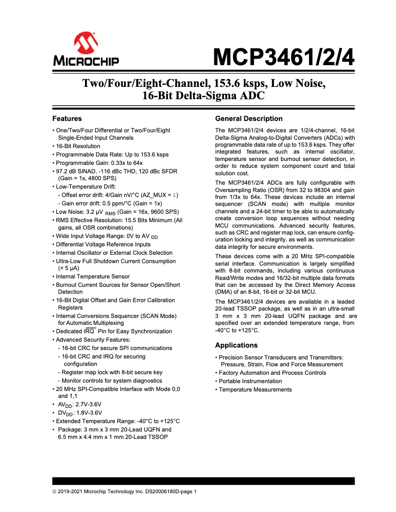 Página 1 del manual Ficha técnica Microchip MCP3461