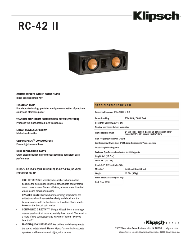 Page n°1 - Fiche technique Klipsch RC-42 II