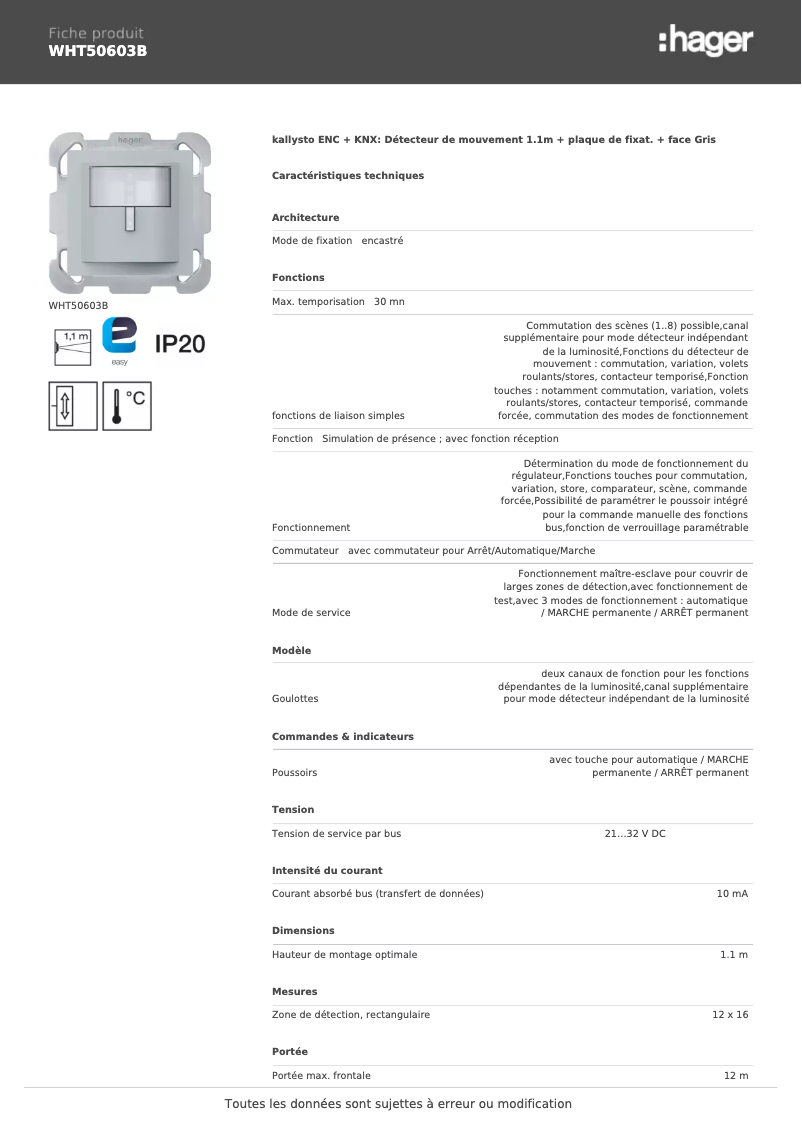 Page n°1 - Fiche technique Hager WHT50603B
