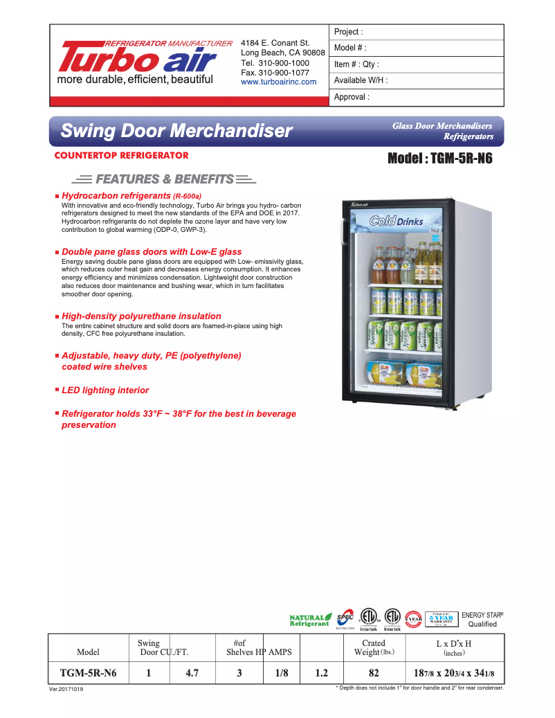 Page 1 de la notice Fiche technique Turbo air TGM-5R