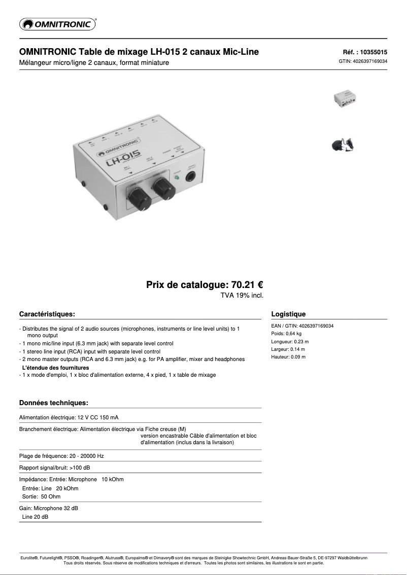 Page 1 de la notice Fiche technique Omnitronic LH-015