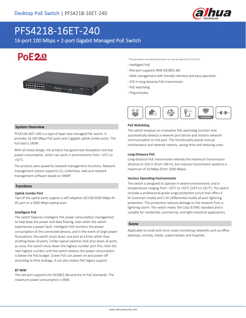 Page 1 de la notice Fiche technique Dahua Technology PFS4218-16ET-240