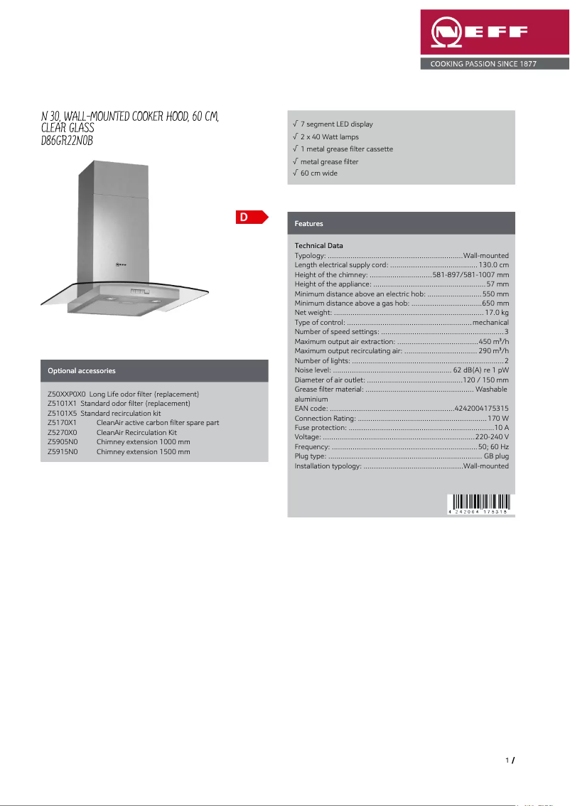 Page 1 de la notice Fiche technique Neff D86GR22N0B