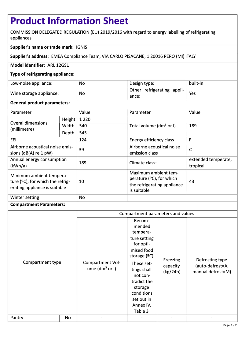 Page 1 de la notice Manuel utilisateur Ignis ARL 12GS1
