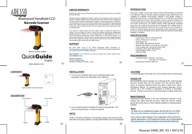 Imagen de la primera página del manual del dispositivo NuScan 2400U