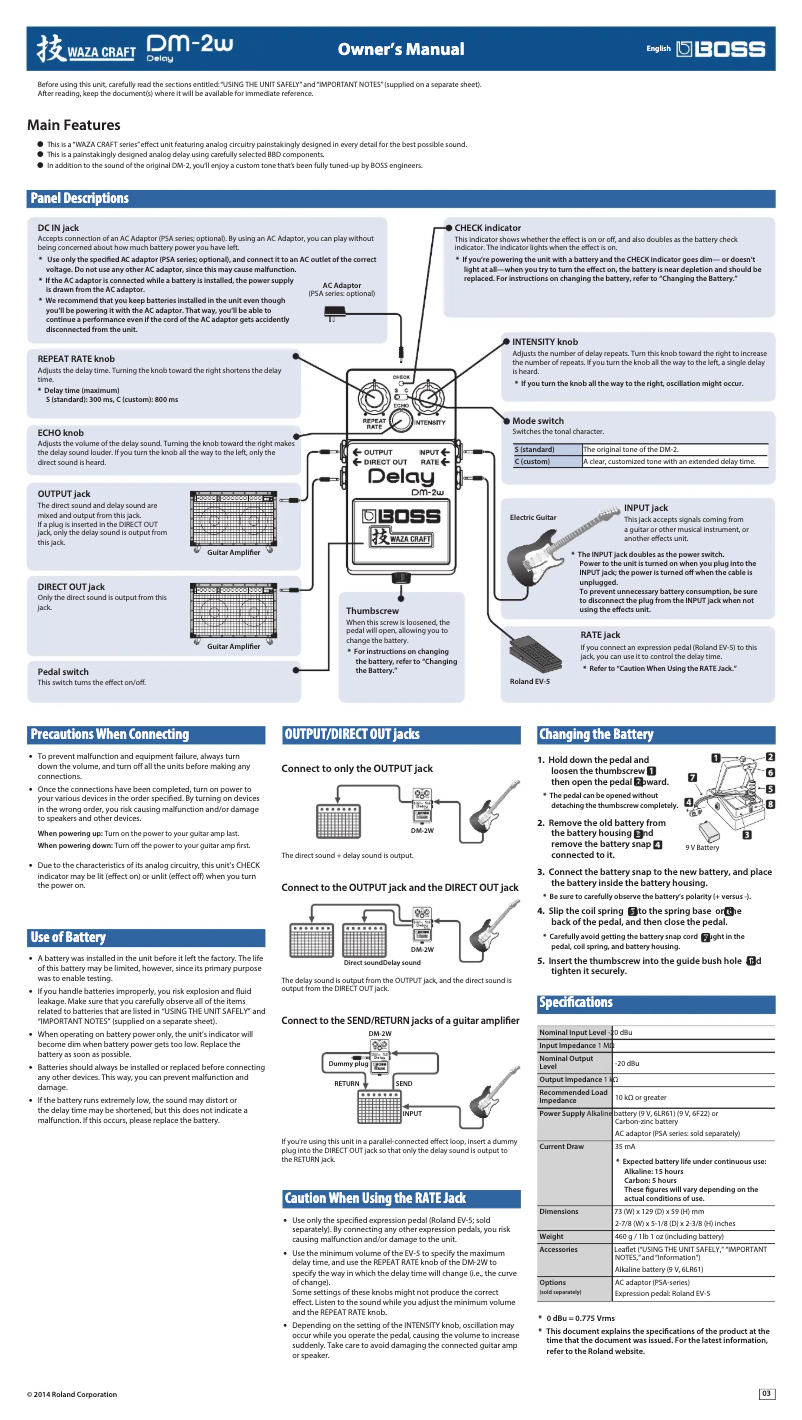 Page 1 de la notice Manuel utilisateur Boss Waza Craft DM-2W