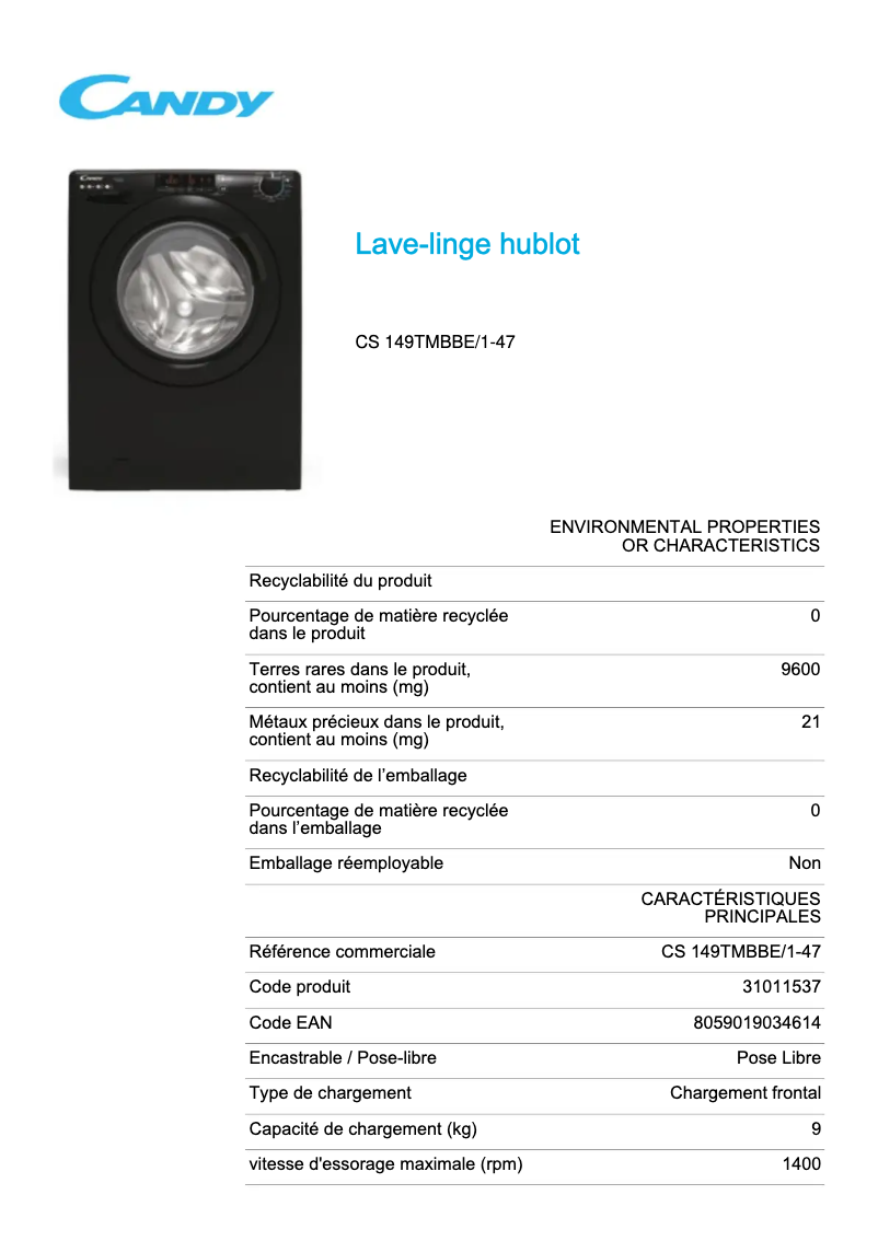 Page 1 de la notice Fiche technique Candy CS 149TMBBE/1