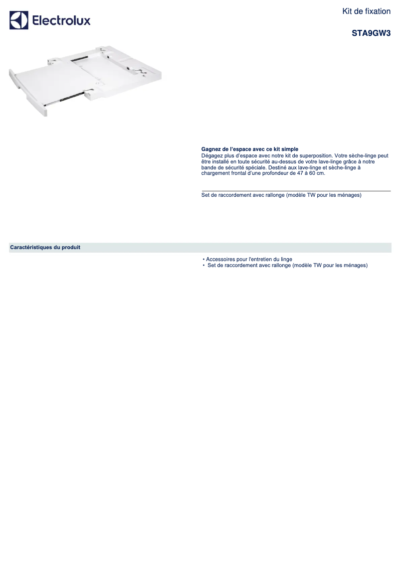 Page 1 de la notice Fiche technique Electrolux STA9GW3