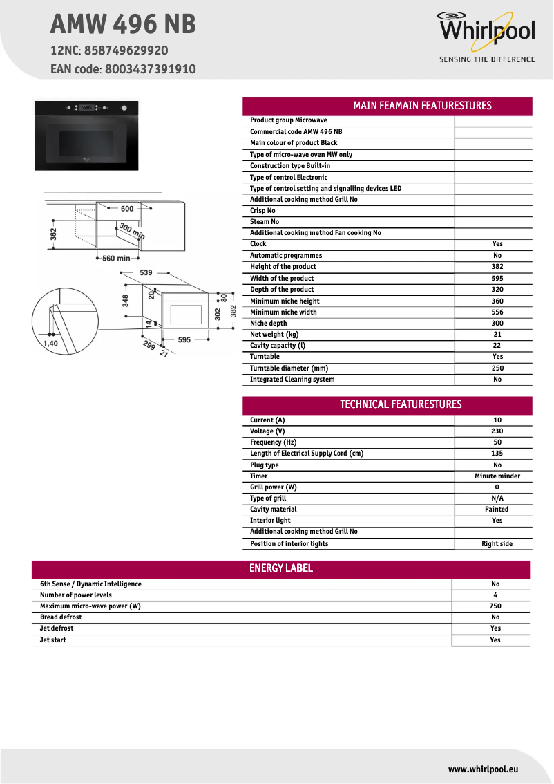 Page 1 de la notice Fiche technique Whirlpool AMW 496