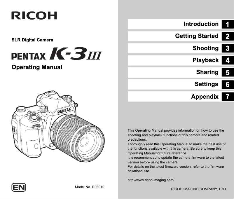 Page 1 de la notice Manuel utilisateur Pentax K-3 II